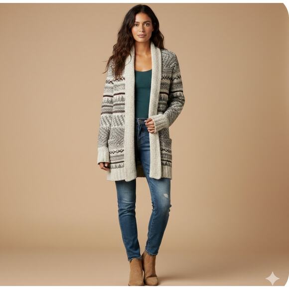 Lucky Brand Southwestern Wool Knit Cardigan Sweater Womens M Neutral Aztec Boho - Picture 4 of 7